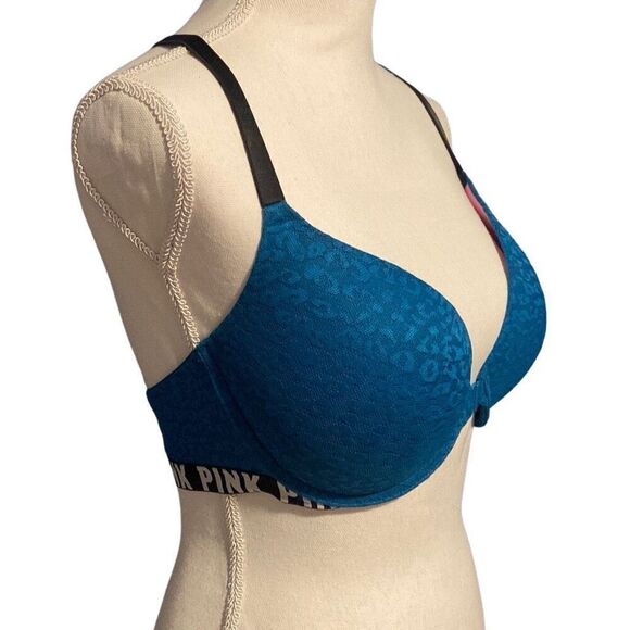 PINK Victoria's Secret Strappy Back Front Clasp Lace Push-up Bra Teal 34DD - Picture 3 of 6
